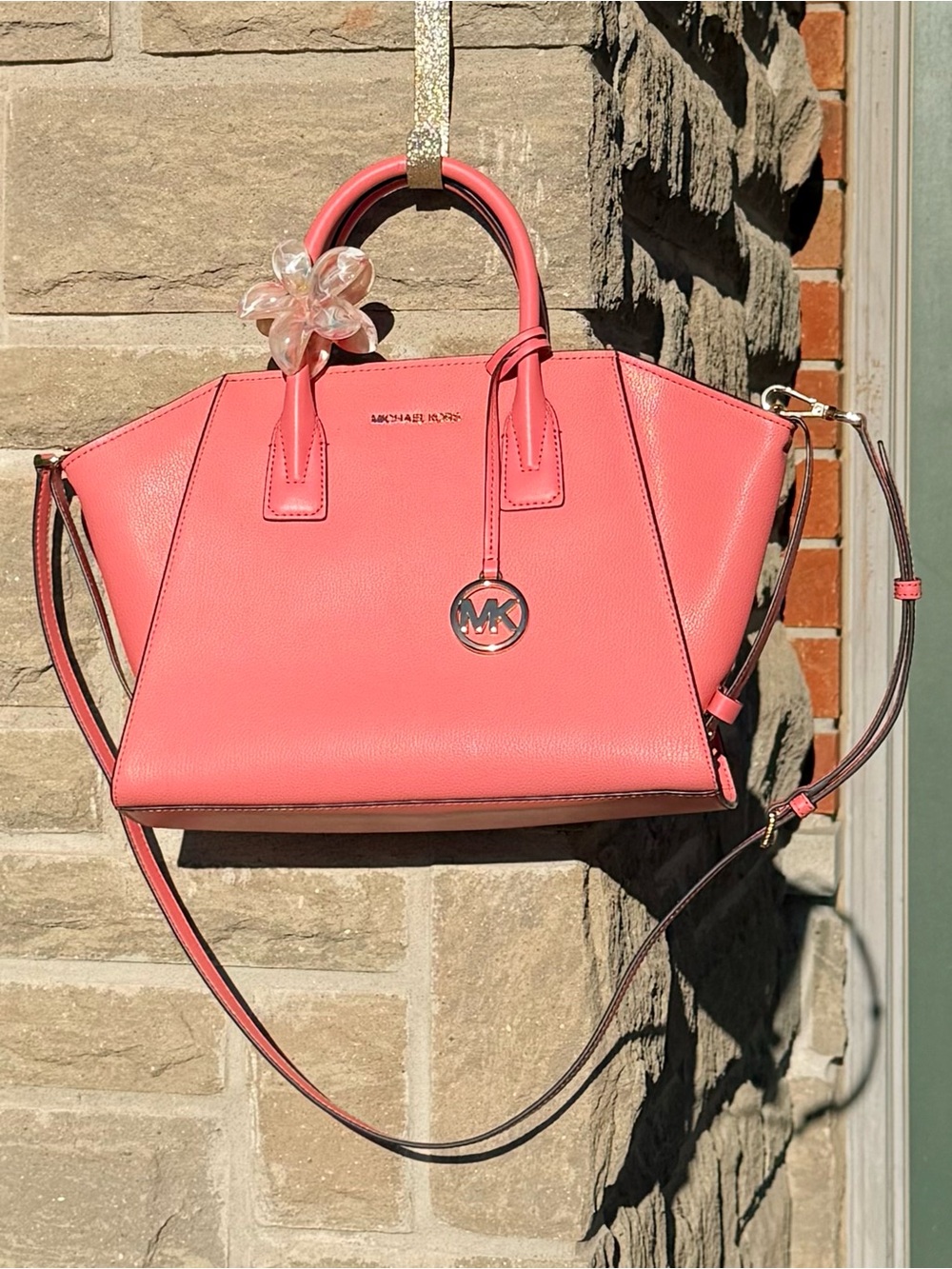Michael Kors Avril Large Pink Pebbled Leather Satchel Crossbody Bag